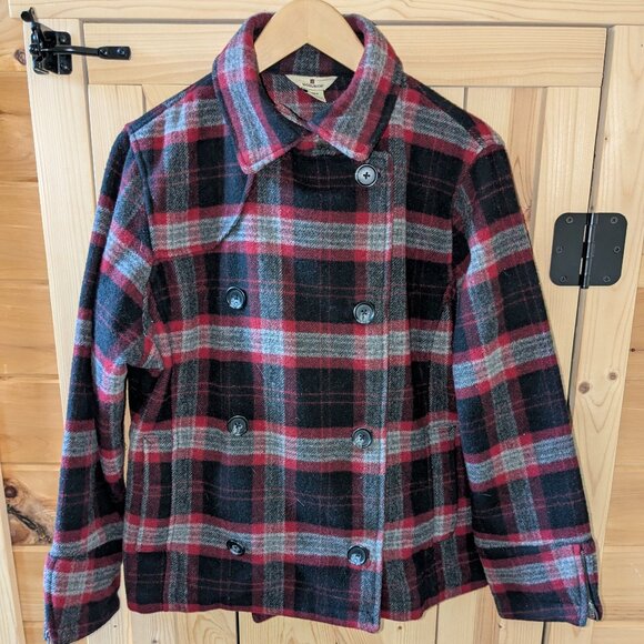 VTG Woolrich Plaid Wool Jacket Red Womens Medium Coat Double Breasted Button - Picture 1 of 9